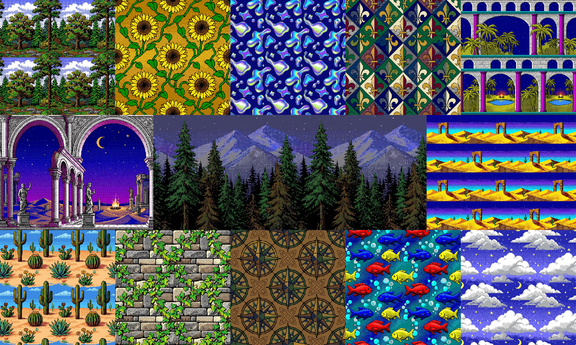 an image showing 13 different Windows 3.1-style tiling wallpapers, including sunflowers, mercury, fleurs-de-lis, a forest, compasses, and fish.